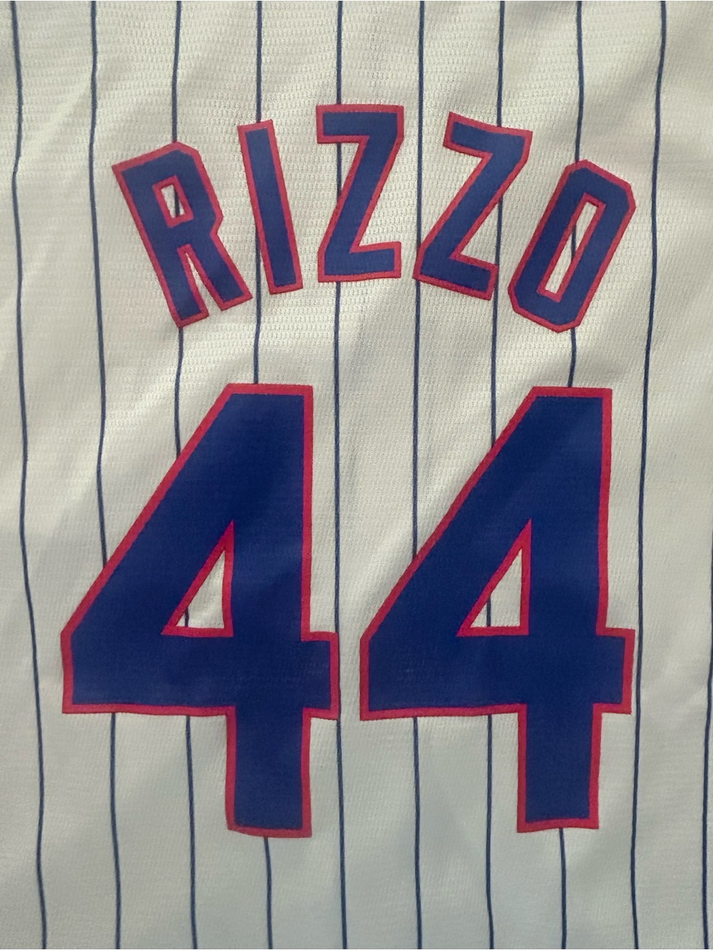 Majestic White Pinstripe Rizzo #44 Youth Baseball Jersey with Blue-Red Trim - Picture 7 of 9